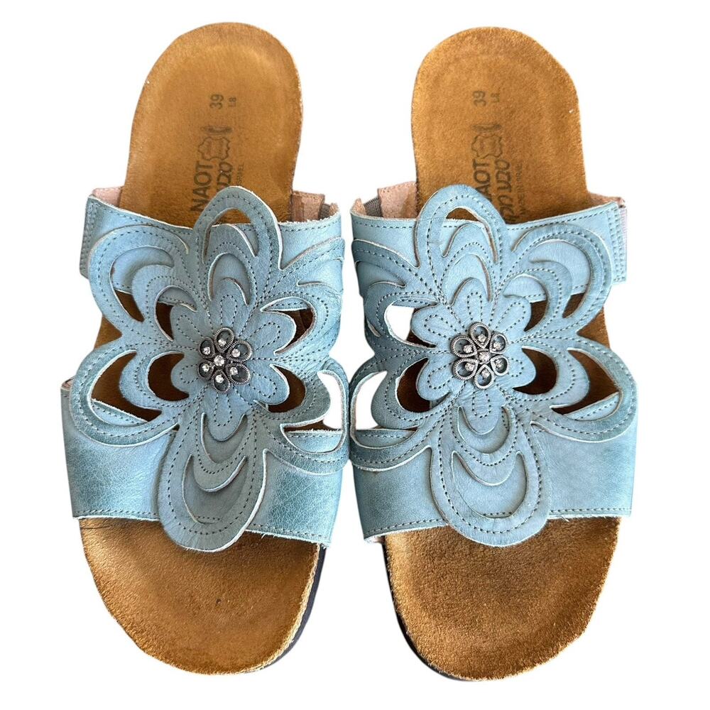 Naot Women’s Blue Silver Sandy Leather Floral Cut Out Boho Slide Sandals Size 39